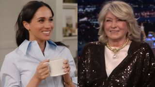 From left to right: Meghan Markle holding a mug in With Love, Meghan and Martha Stewart smiling on The Tonight Show.