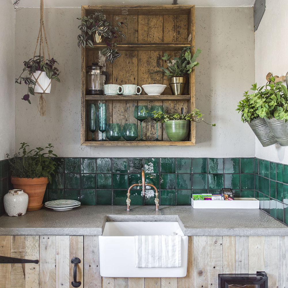room with wooden cabinets and washbasin