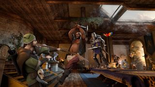 A pirate attacks a viking archer as a knight prepares to stab the pirate in the back.