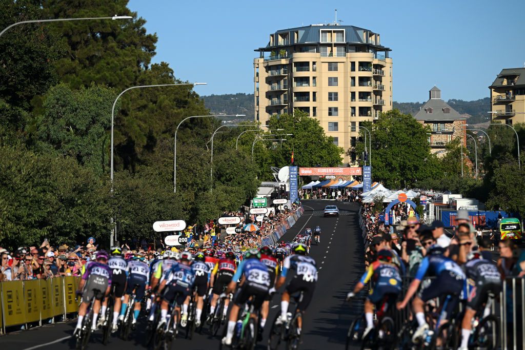 ADELAIDE AUSTRALIA JANUARY 18 A general view of the peloton competing during the Villawood Mens Classic 2025 a 18km one day race circuit from Adelaide to Adelaide on January 18 2025 in Adelaide Australia Photo by Dario BelingheriGetty Images