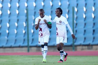 Vuyo Mere celebrates goal with teammate Kamohelo Mahlatsi 
