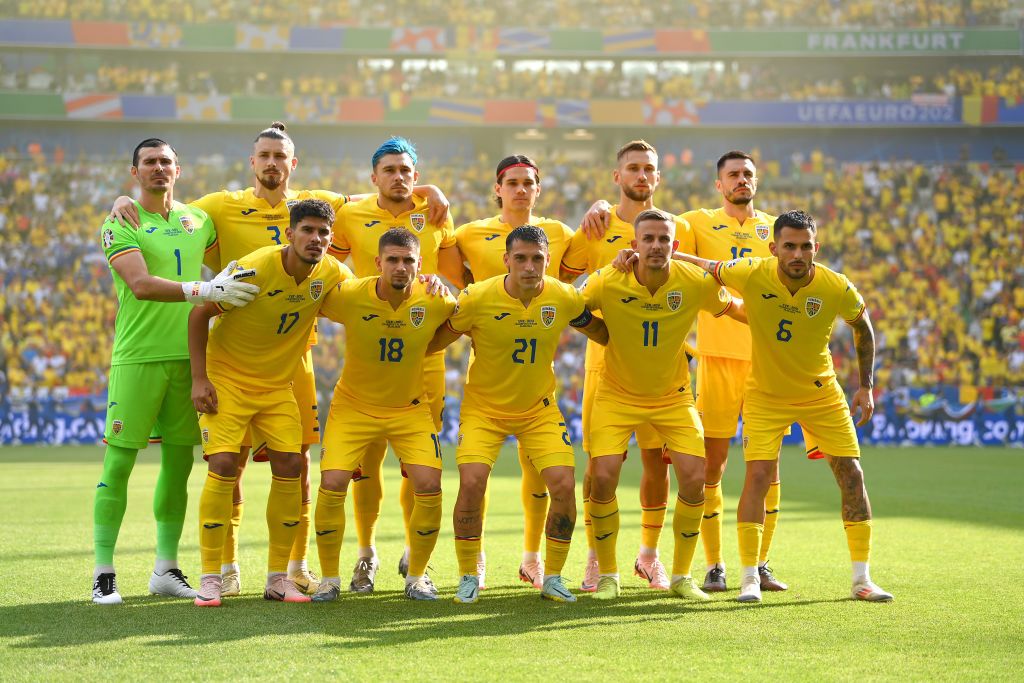 Romania Euro 2024 squad Players of Romania pose for a team photograph prior to the UEFA EURO 2024 group stage match between Slovakia and Romania at Frankfurt Arena on June 26, 2024 in Frankfurt am Main, Germany. (Photo by Justin Setterfield/Getty Images)