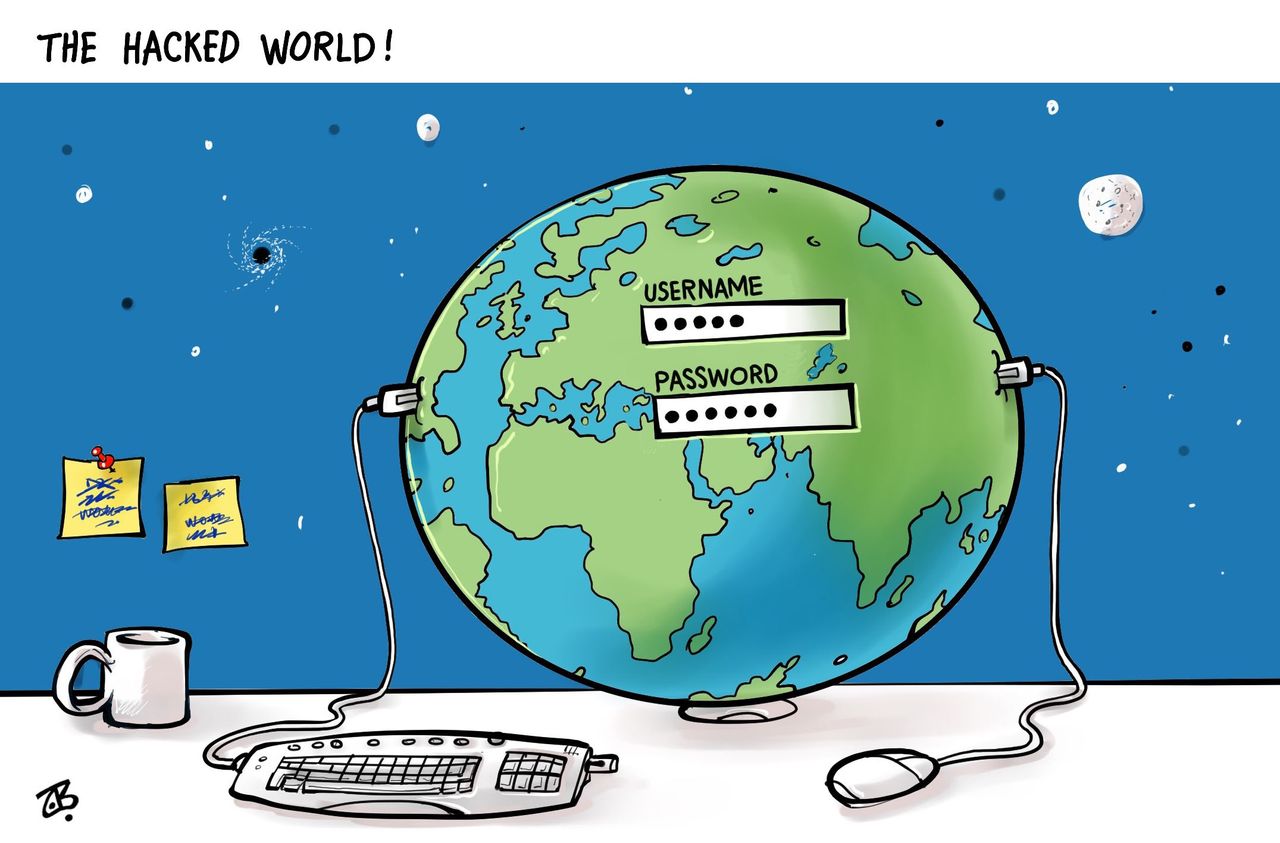 Political Cartoon World Cyber Hack Computers Internet Hacking Globe