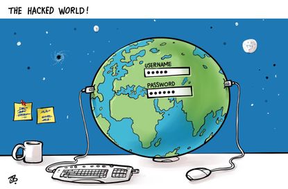 Political Cartoon World Cyber Hack Computers Internet Hacking Globe