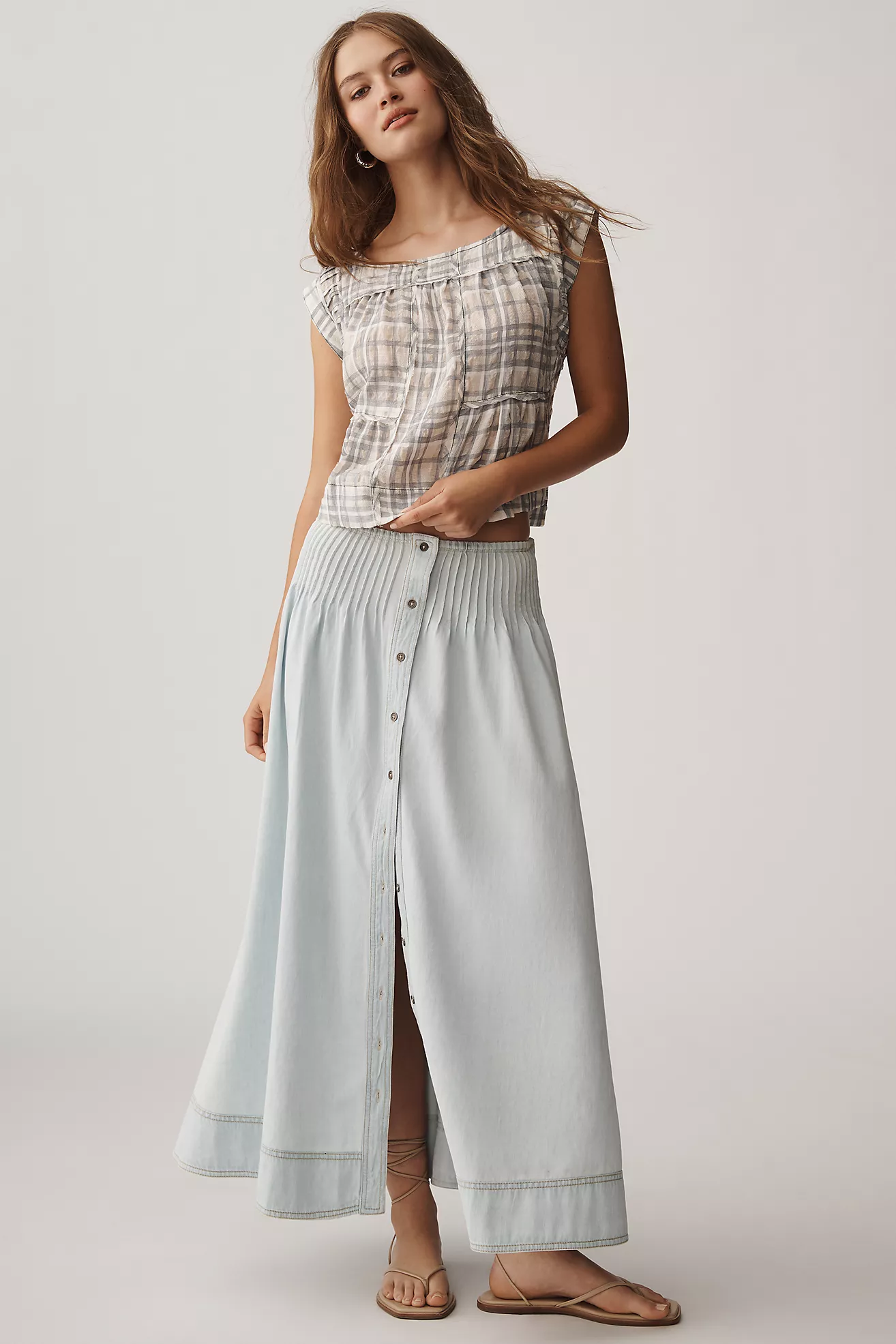 Pilcro Pintuck Basque-Waist Denim Maxi Skirt