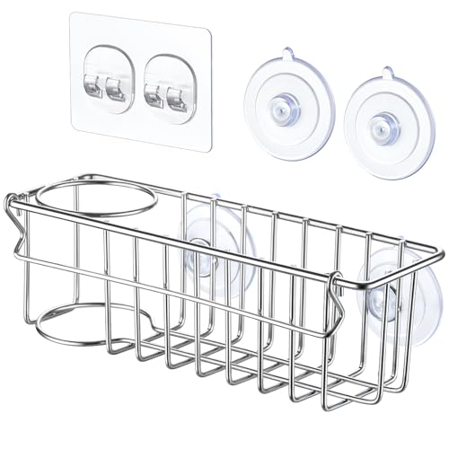 3-In-1 Sponge Holder for Kitchen Sink With Suction Cups & Adhesive Hook , in Sink Sponge Holder, Wall Hanging Sink Caddy Organizer Rack - Sponge, Dish Cloth, Brush, Scrubber - 304 Stainless Steel