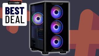 XS Systems RTX 3080 gaming PC with RGB fans in front of a grey and orange GamesRadar backdrop with best deals logo on left 