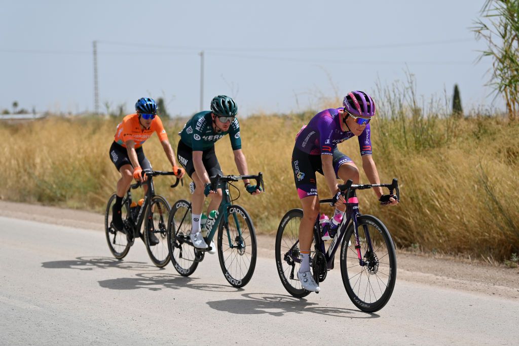 CABO DE GATA SPAIN AUGUST 31 LR Joan Bou Company of Spain and Team Euskaltel Euskadi Vojtech Repa of Czech Republic and Team Equipo Kern Pharma and Jetse Bol of Netherlands and Team Burgos BH compete in the breakaway during the 77th Tour of Spain 2022 Stage 11 a 1912km stage from ElPozo Alimentacin Alhama de Murcia to Cabo de Gata LaVuelta22 WorldTour on August 31 2022 in Cabo de Gata Spain Photo by Justin SetterfieldGetty Images