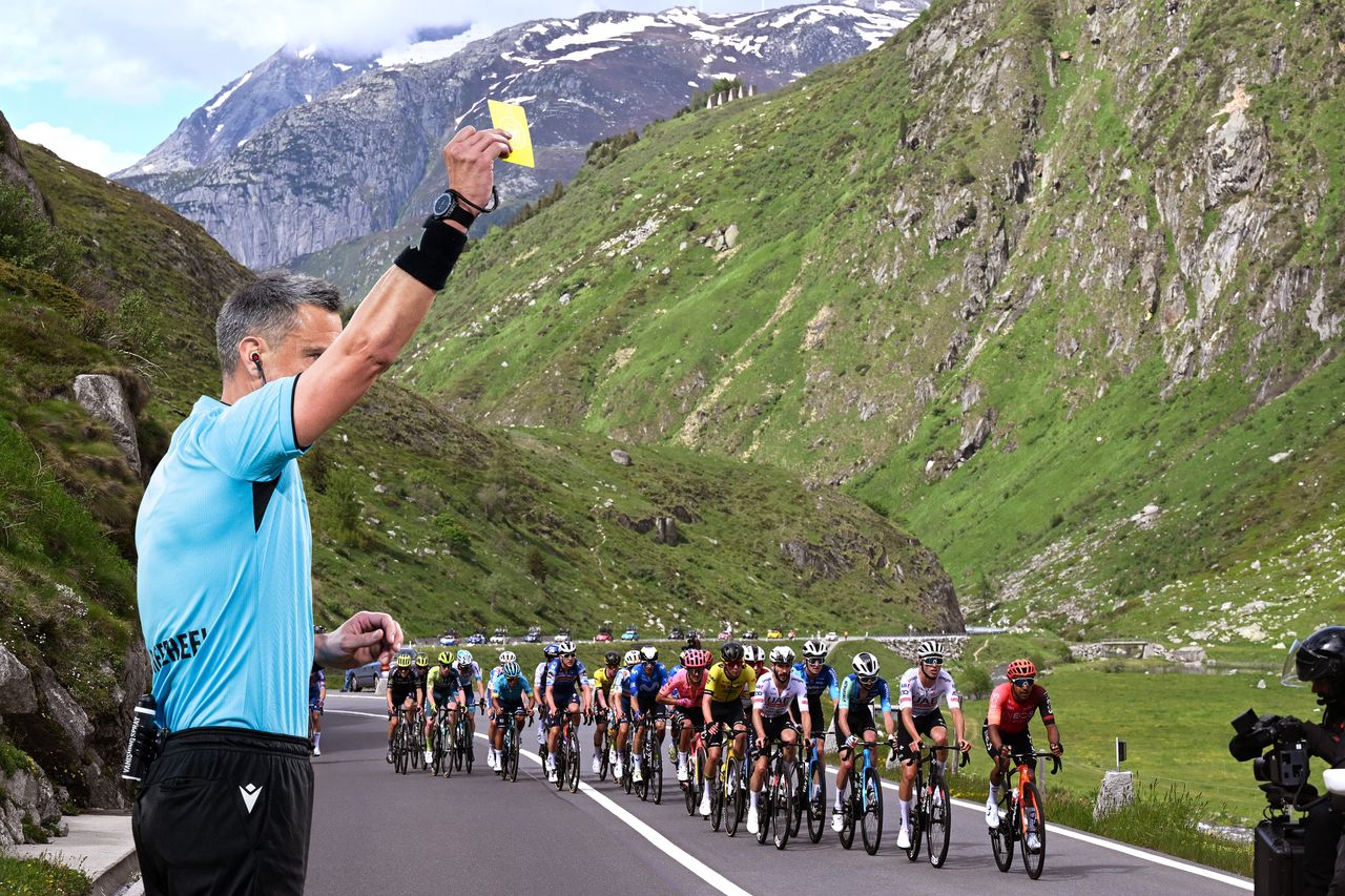 The peloton at the Tour de Suisse with a yellow card overlaid