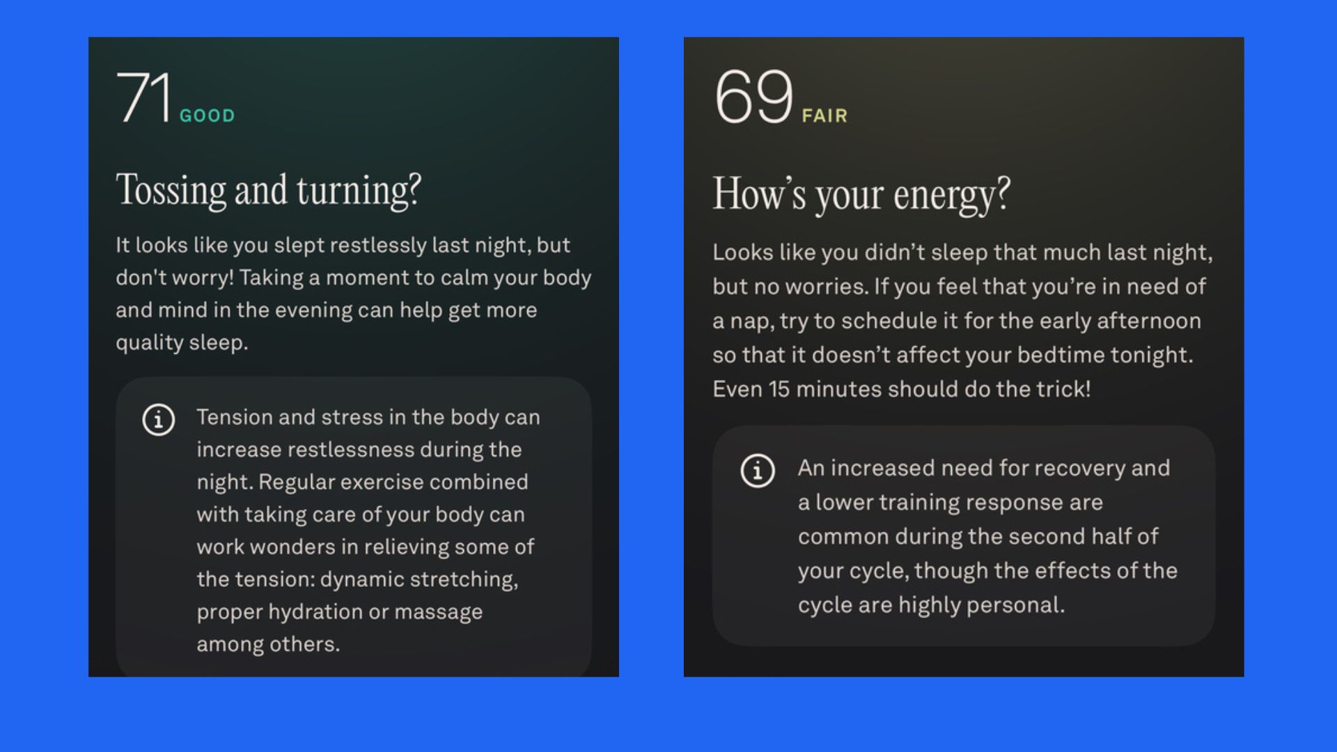 Screenshots of the Oura Ring 5 displaying sleep advice.