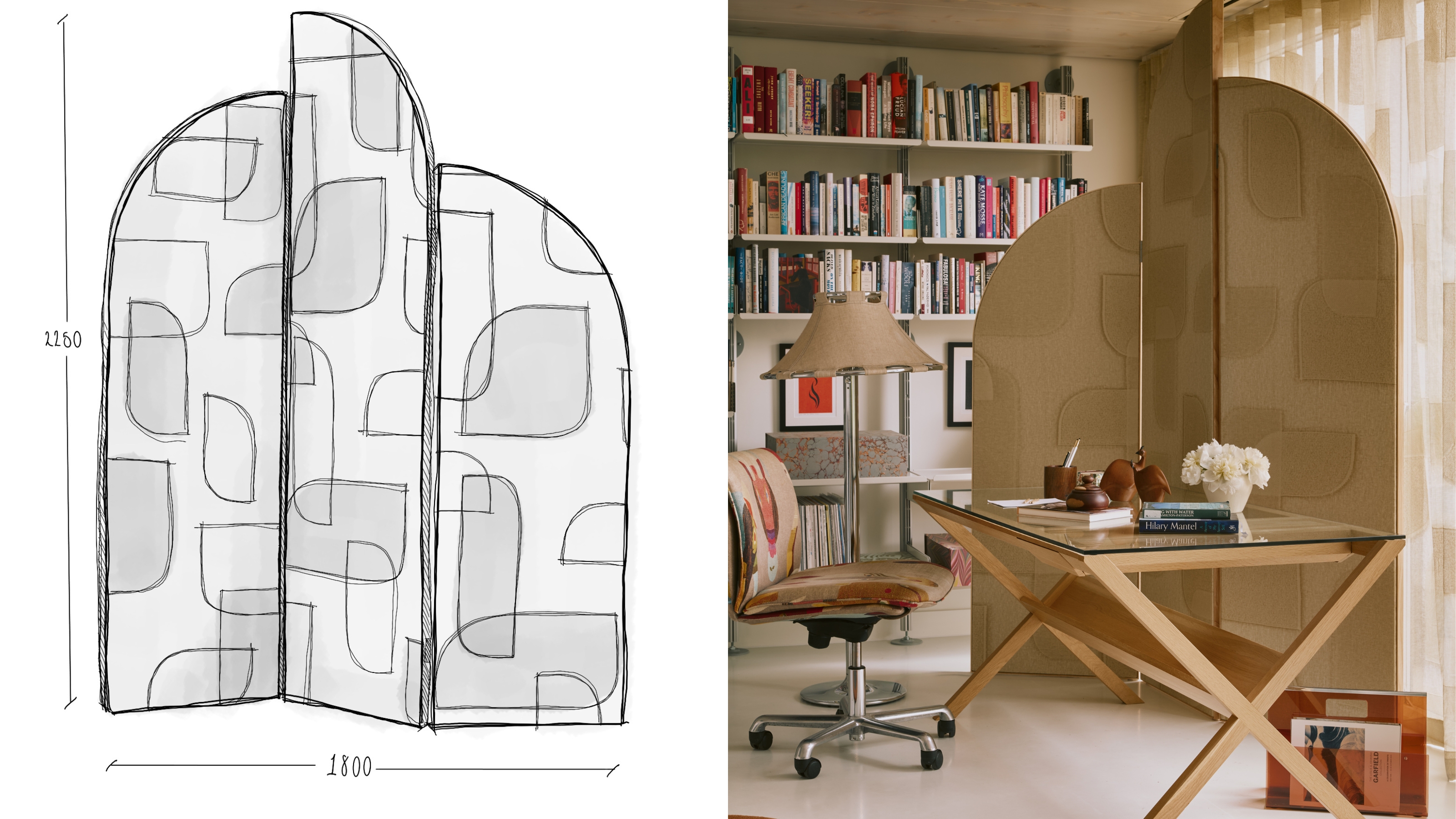 a sketch of an arched room divider, and the piece in a home office