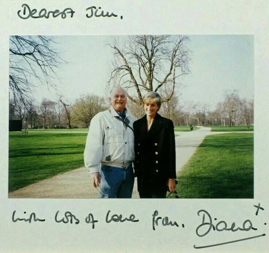 A man posing with Princess Diana in a polaroid photo that's signed Dearest Jim, with lots of love from, Diana x