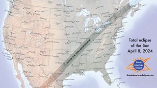 a solar eclipse map showing the path of the total solar eclipse across North America on April 8, 2024.