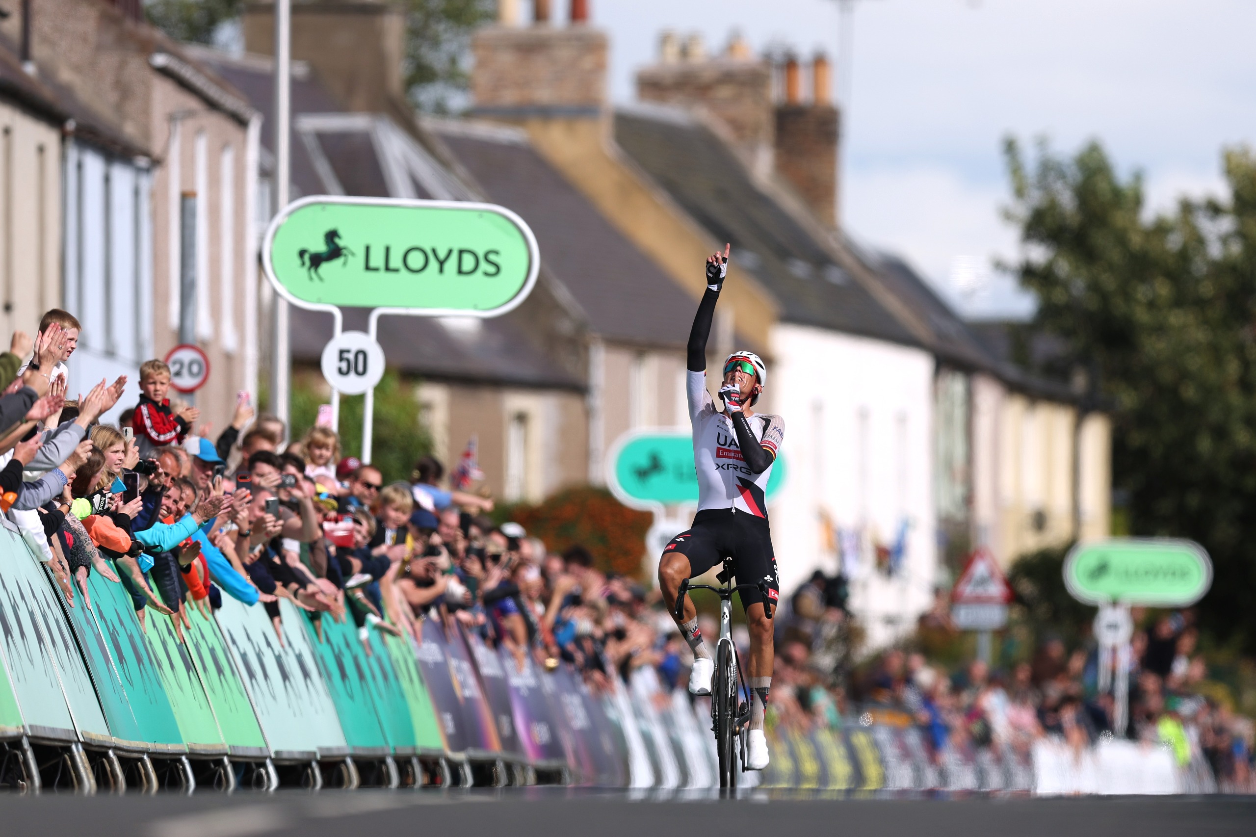 Nils Politt of Germany and UAE Team Emirates - XRG celebrates at finish line as stage winner during the 22nd Tour of Britain 2026, Stage 5 a 156.1km stage from Earlston to Earlston