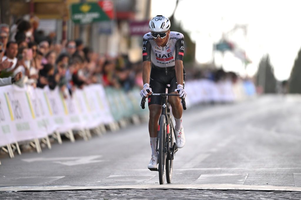 UBEDA SPAIN FEBRUARY 17 Isaac Del Toro of Mexico and UAE Team Emirates XRG crosses the finish line on second place during the 4th Clasica Jaen Paraiso Interior 2025 a 1692km one day race from Ubeda to Ubeda on February 17 2025 in Ubeda Spain Photo by Tim de WaeleGetty Images