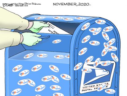 Political Cartoon U.S. vote by mail 2020 November presidential election Trump Biden
