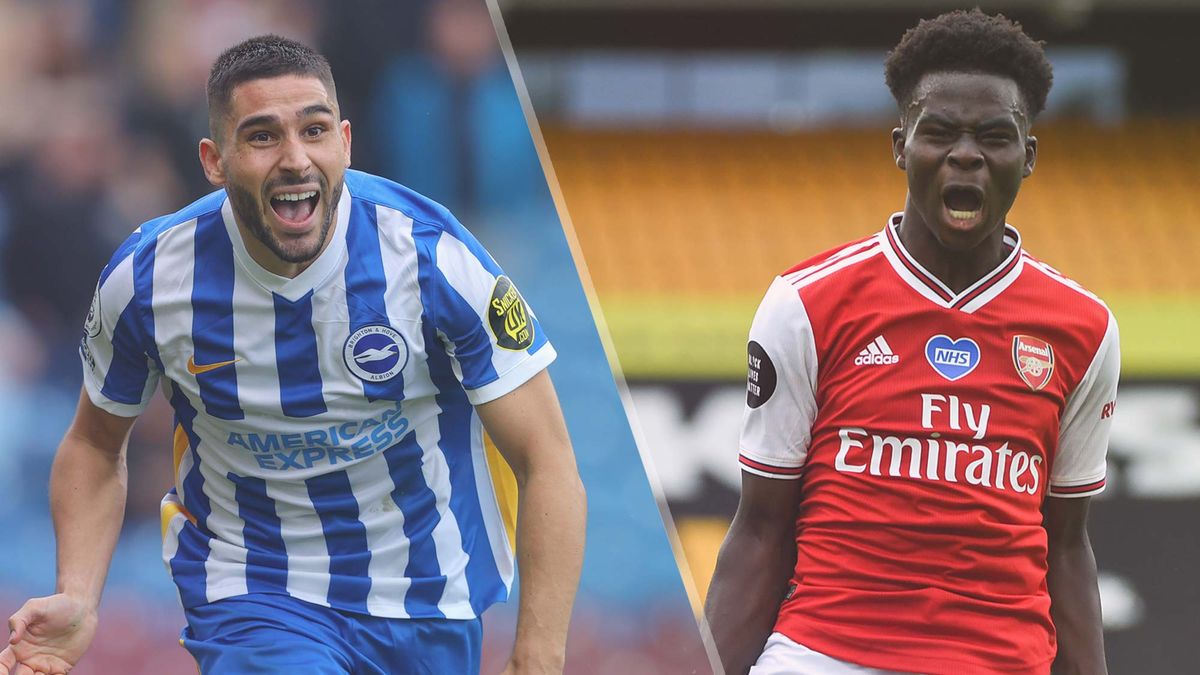 Neal Maupay of Brighton &amp; Hove Albion and Bukayo Saka of Arsenal 