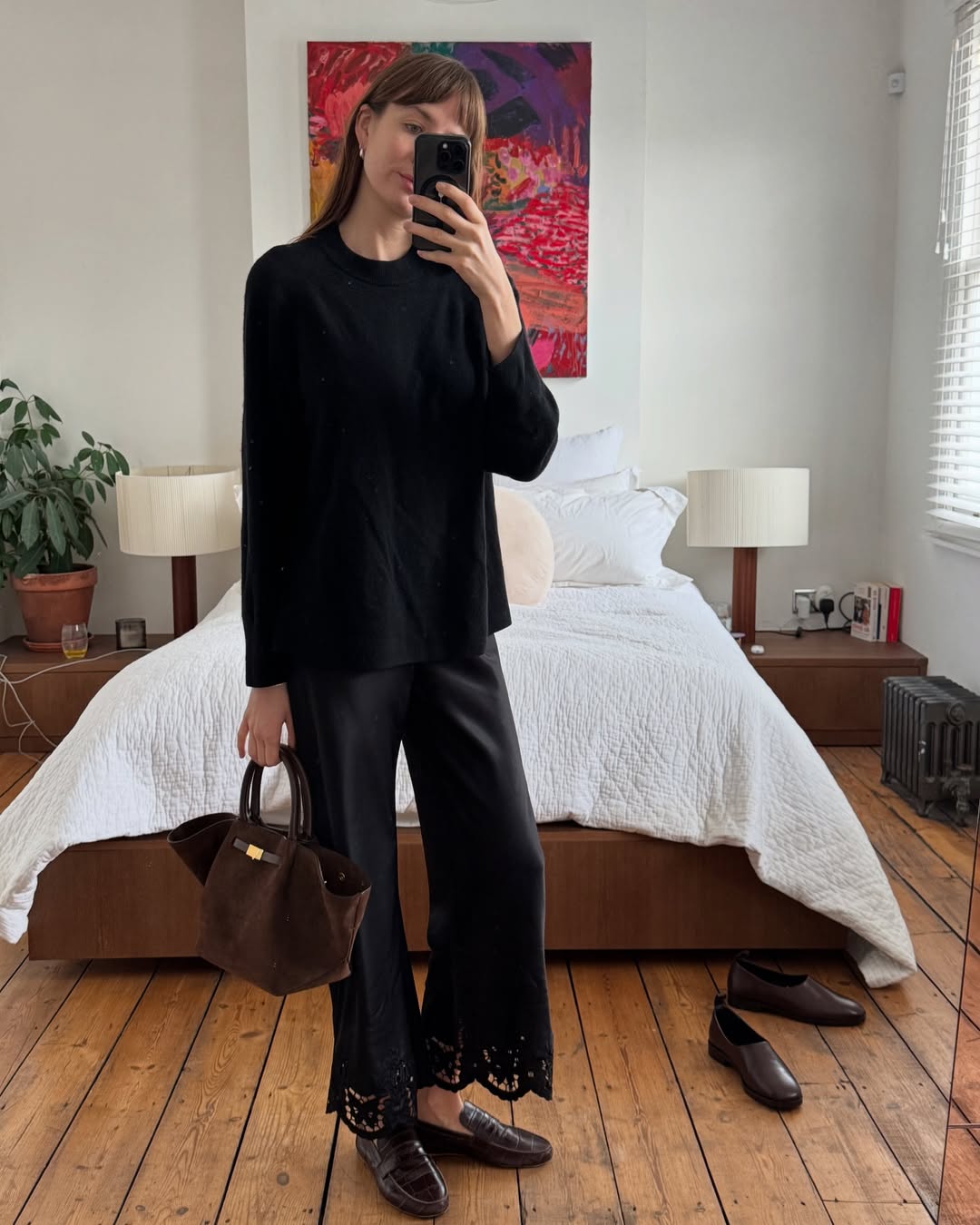 Lizzy in lace trousers and loafers