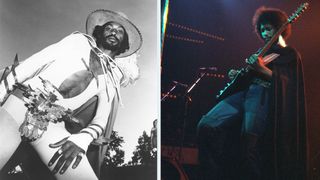 The Legendary Eddie Hazel of Parliament-Funkadelic poses in a black-and-white archive pic; while his successor, Michael Hampton, aka Kidd Funkadelic, wears a cape and plays a solo onstage with George Clinton's band.