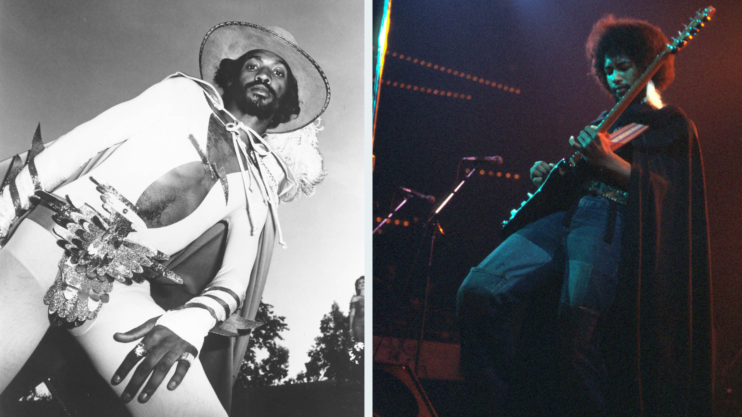 The Legendary Eddie Hazel of Parliament-Funkadelic poses in a black-and-white archive pic (left) while his successor, Michael Hampton, aka Kidd Funkadelic, wears a cape and plays a solo onstage with George Clinton's band