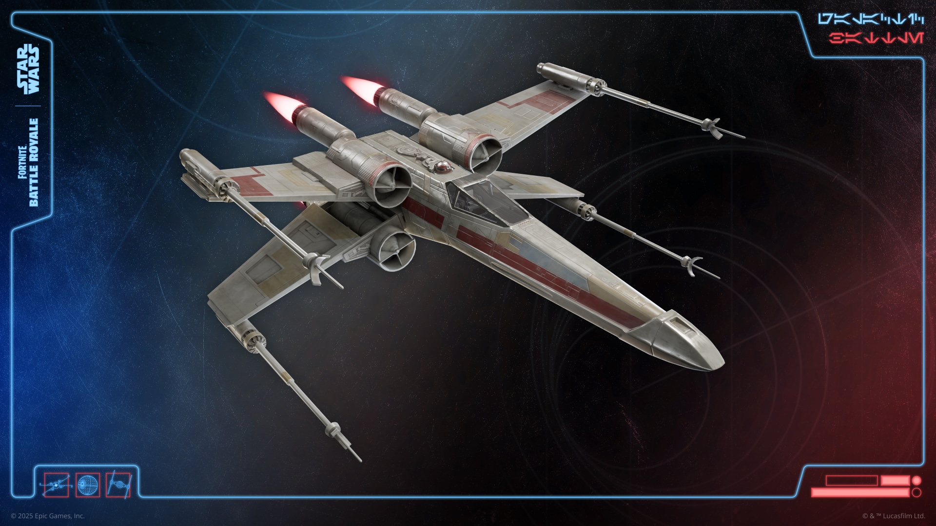 An X-Wing against a blue, red and black background