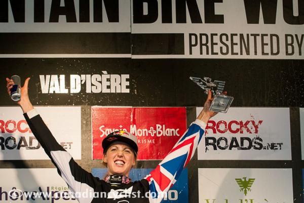 Rachel Atherton (GT Factory Racing) on the podium after winning in Val d'Isere