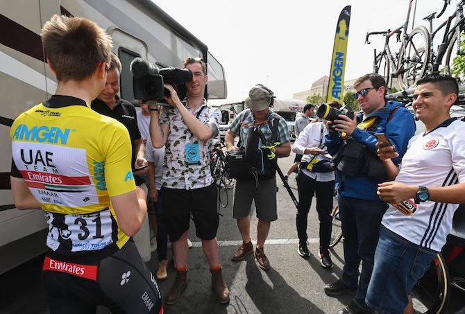 Tadej Pogacar (UAE Team Emirates) faces the media having taken the overall title at the 2019 Tour of California