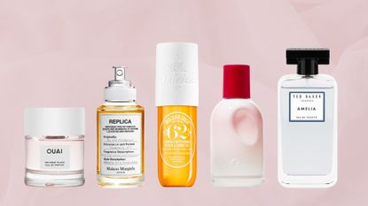 A selection of the best cheap perfumes from brands; Ouai, Maison Margiela, Sol De Janeiro, Glossier and Ted Baker/ displayed on a pastel pink textured template