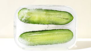 two halves of a cucumber in ice blocks