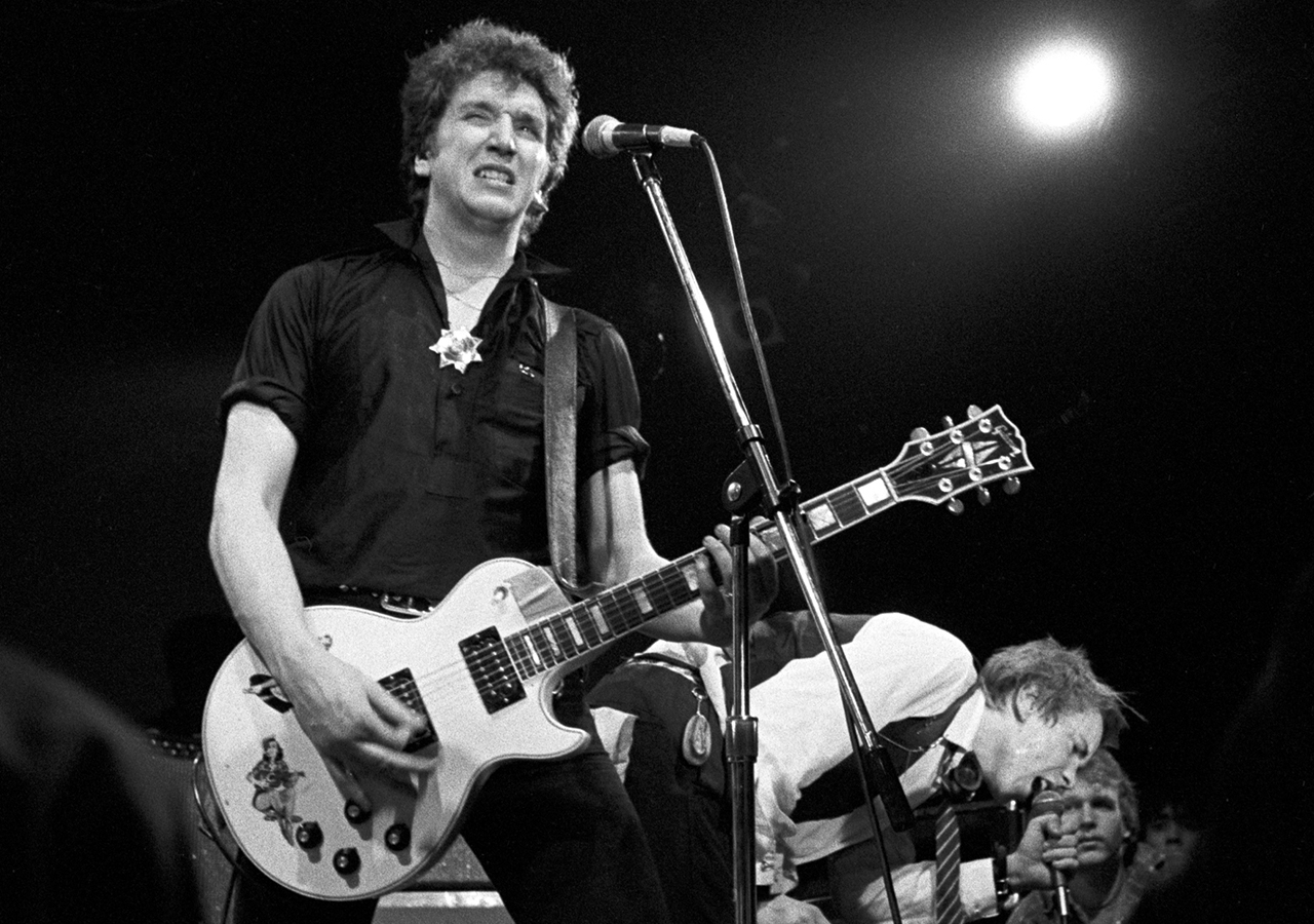Steve Jones and Johnny Rotten of the Sex Pistols perform in their first North American concert at The Great Southeast Music Hall on January 5, 1978 in Atlanta, Georgia.