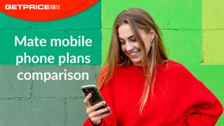 Girl wearing red jumper holding a mobile phone and smiling at it in front of a green wall with the red GetPrice logo on the top left corner and white writing underneath that says 'Mate mobile phone plans comparison'