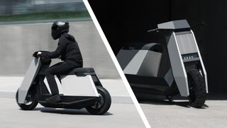 A person riding the Infinite Machine P1 scooter, next to the electric scooter sitting stationary