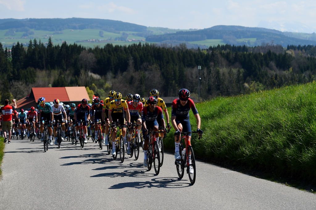 ROMONT SWITZERLAND APRIL 27 LR Brandon Smith Rivera Vargas of Colombia and Laurens De Plus of Belgium and Team INEOS Grenadiers lead the peloton during the 75th Tour De Romandie 2022 Stage 1 a 178km stage from La Grande Beroche to Romont 777m TDR2022 on April 27 2022 in Romont Switzerland Photo by Dario BelingheriGetty Images