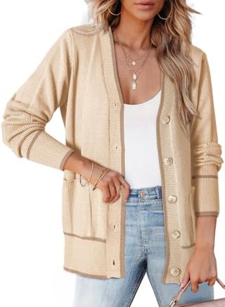 Dokotoo Long Cardigans for Women Open Front Lightweight 2024 Fashion Solid Color Fall Knit Sweaters for Summer With Pockets,apricot Small