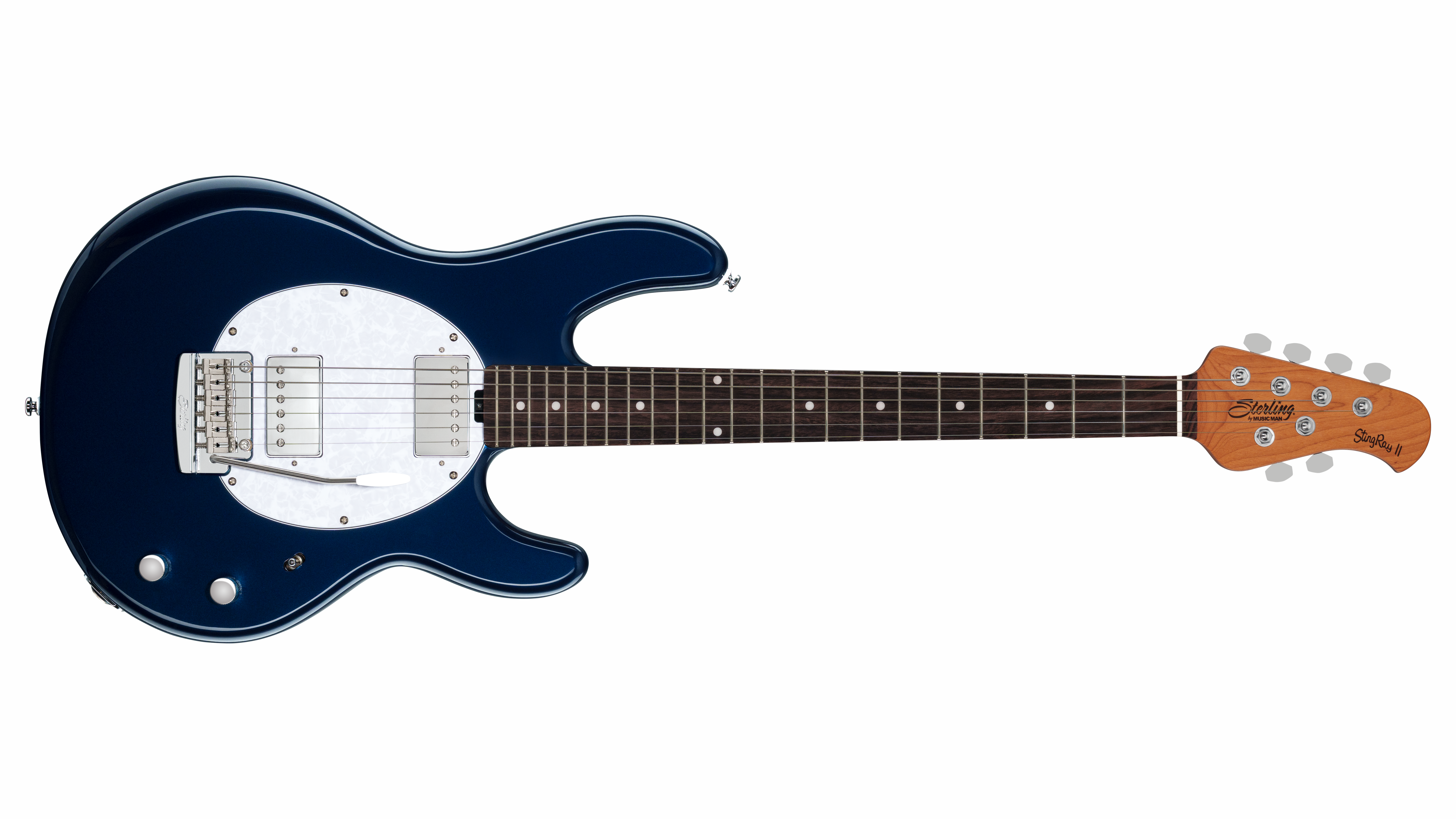 A press image of the Sterling by Music Man Cory Wong Artist Series StingRay II in blue color against a white background