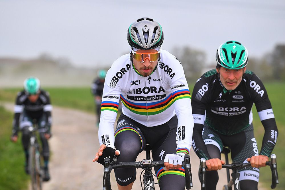 Sagan rides on the tops to soften the blow of the pave