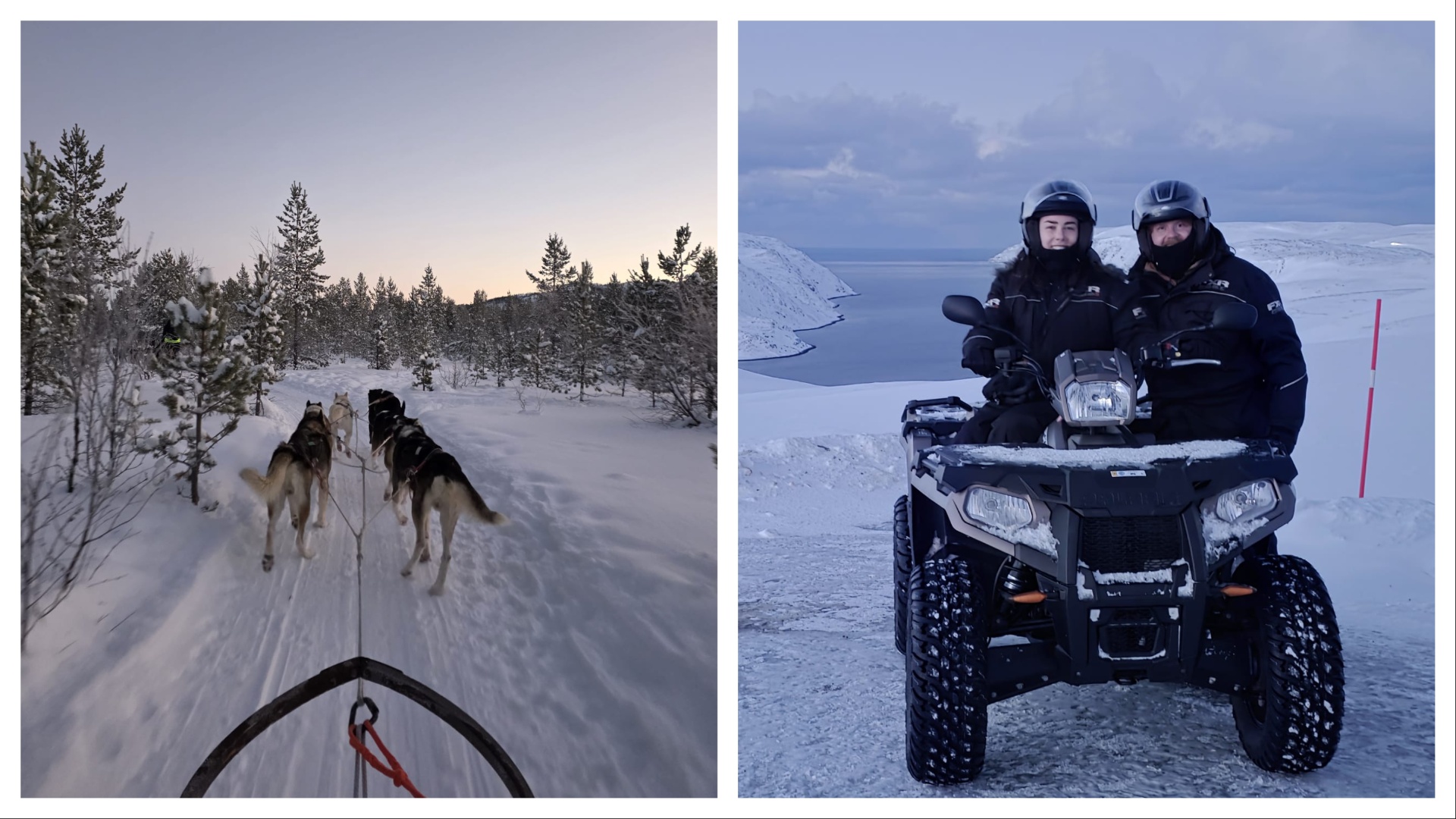 on the left huskies pulling a sled and on the right an ATV