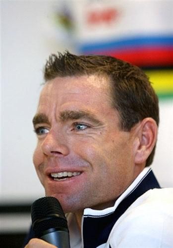 Cadel Evans answers questions at a press conference to announce team changes and unveil his world champion's kit.