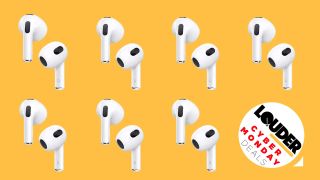 Lots of pairs of airpods on a bright background