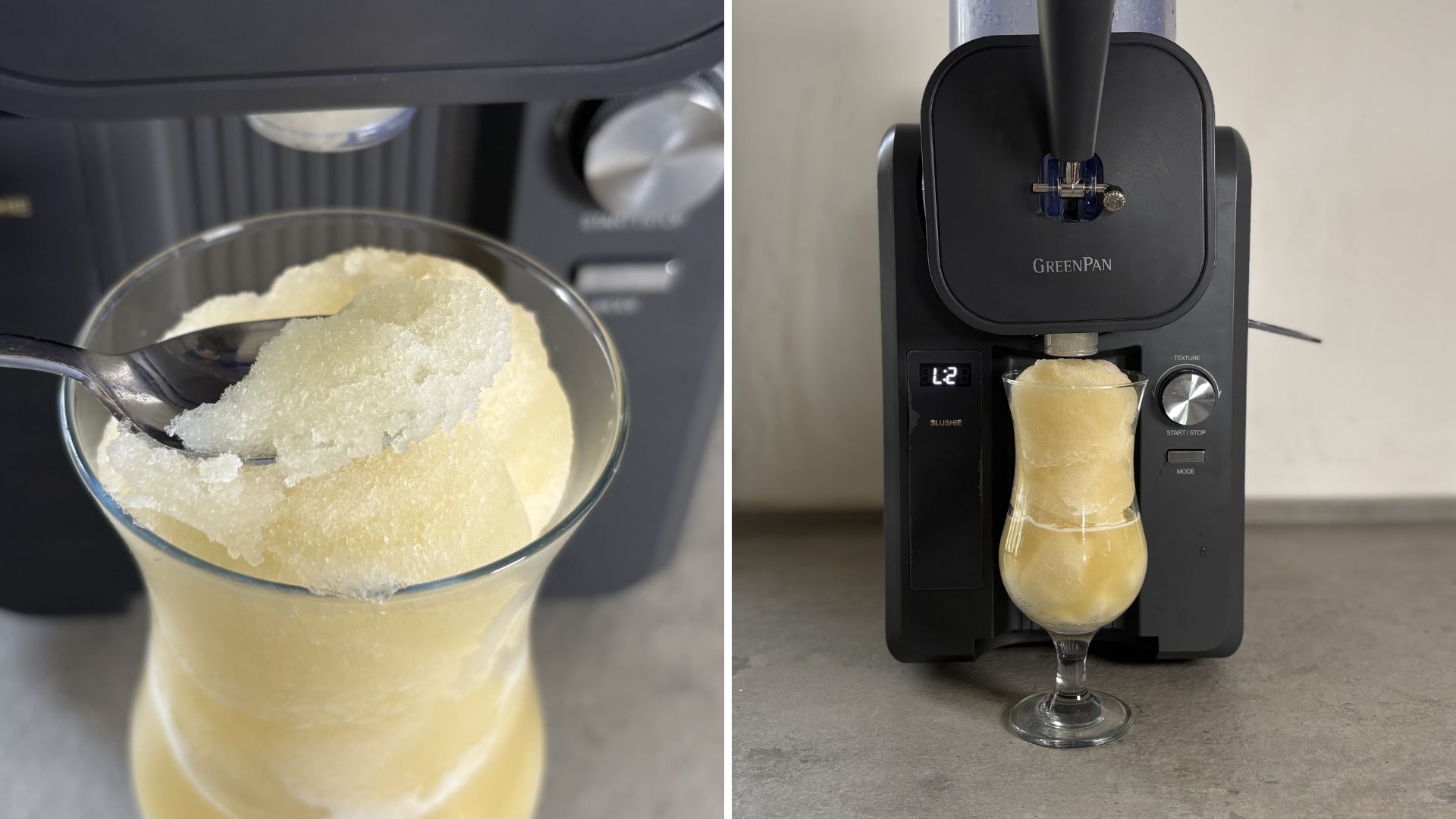 GreenPan Frost Ice Cream Maker and Slushie Machine on the counter having made a pina colada