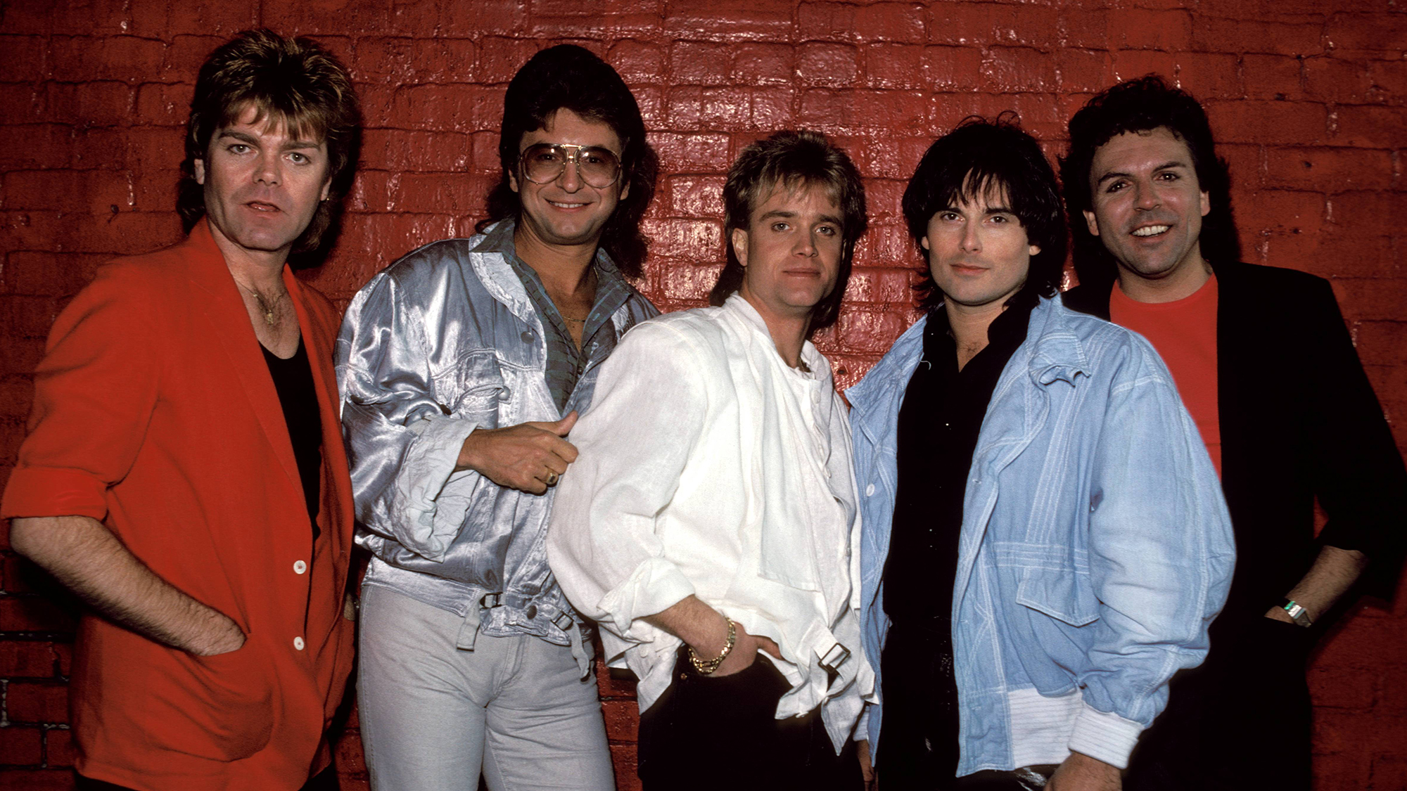 Group portrait of Survivor circa 1984. (from left) Stephan Ellis, Jim Peterik, Frankie Sullivan Jimi Jamison, Marc Droubay