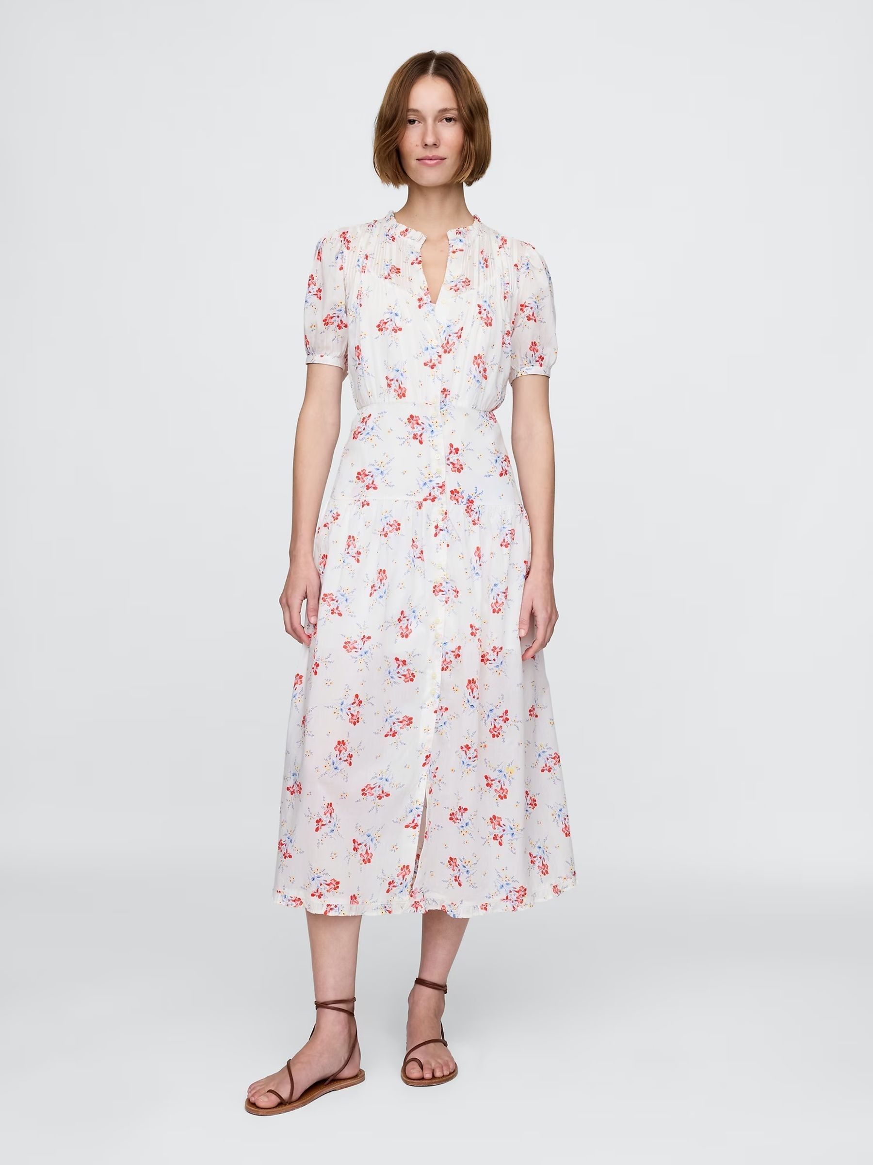 White DÔen Pintuck Floral Midi Dress