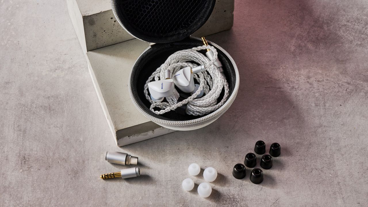Activo Scoop IEMs in case with connectors and various-sized eartips