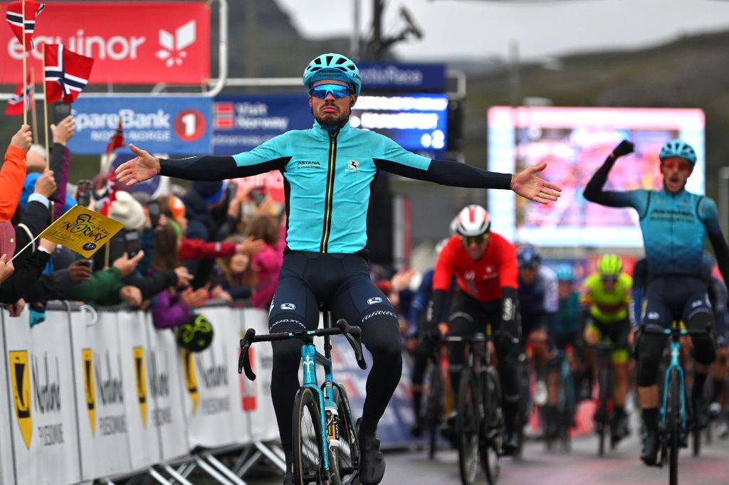 HAMMERFEST NORWAY AUGUST 18 Michele Gazzoli of Italy and Astana Qazaqstan Team celebrates at finish line as stage winner during the 10th Arctic Race of Norway Stage 2 a 1534km stage from Alta to Hammerfest on August 18 2023 in Hammerfest Norway Photo by Luc ClaessenGetty Images