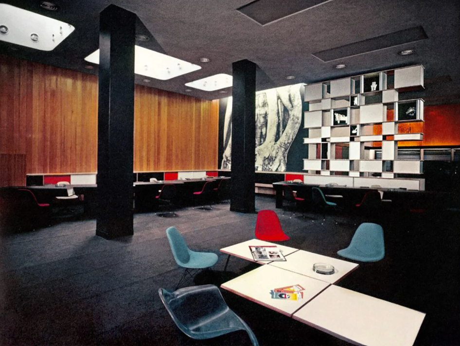 Archive photography of air france office with blue and red chairs and furniture