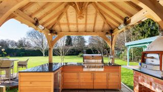 outdoor kitchen in oak framed gazebo
