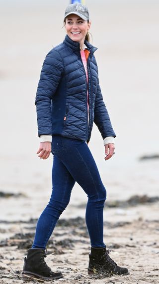 Catherine, Princess of Wales walks on West Sands beach after taking part in a land yachting session on May 26, 2021