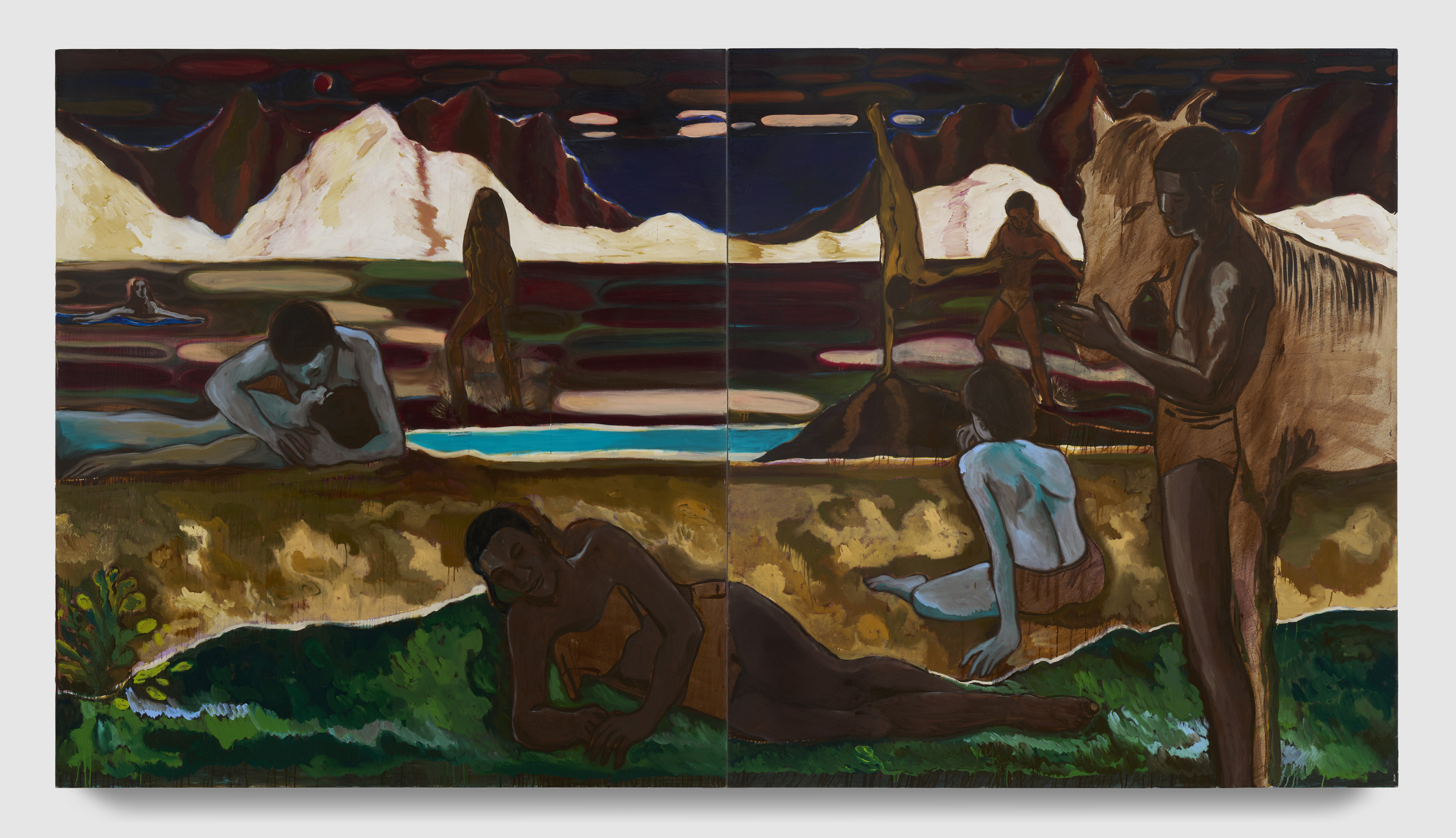 Oil painting of fisherman mending nets in Ghana, by Gideon Appah