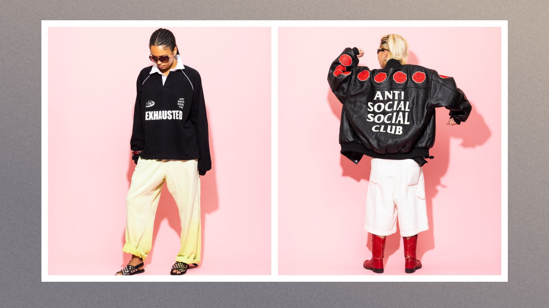 Two models wearing the ASSC AW25 collection, sliced together on a grey background. On the left wearing a rugby polo and on the right a leather jacket 