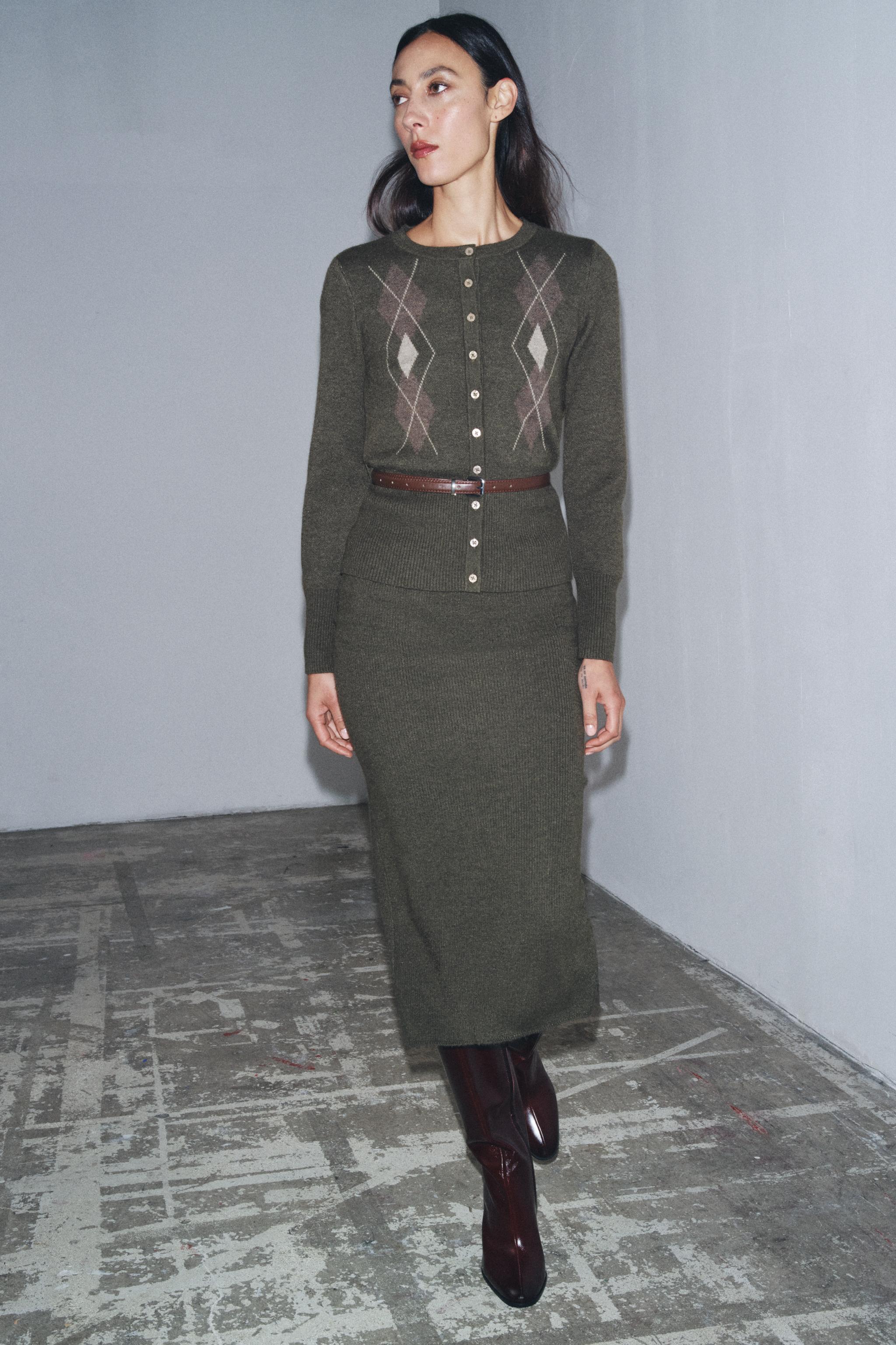 Diamond Knit Cardigan With Belt